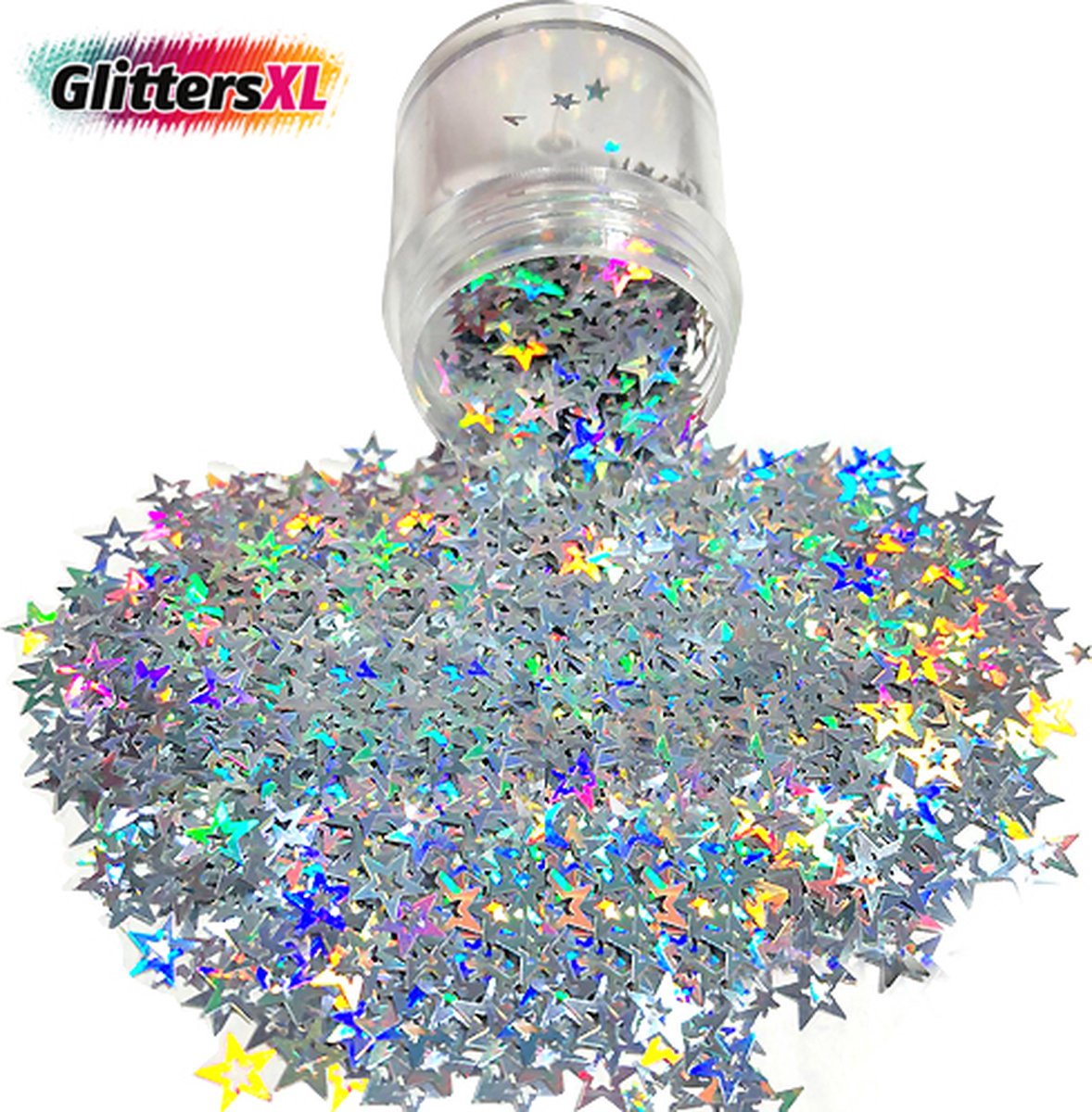 GlittersXL - Chunky Glitters (Zilveren Sterren) (Volume 8g) [Festival Makeup Gezicht Lichaam - Face Body Glitter - Biologisch afbreekbaar - Versiering Dames Volwassen Kinderen]